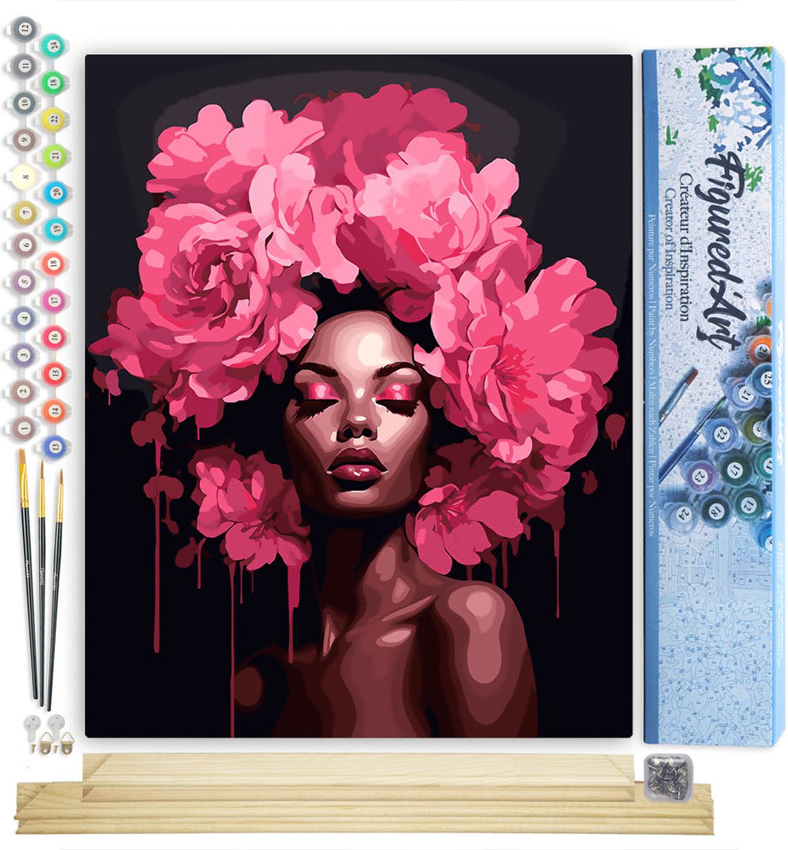 FiguredArt Schilderen op Nummer Volwassenen canvas Pioenroos Haar Dame - Handwerk acrylverf Kit DIY Compleet - 40x50cm met DIY houten lijst